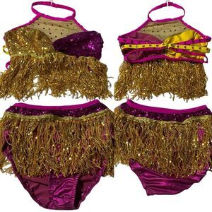 Glamour solo 2 piece dance costume hot pink gold sequin fringe LC-large child